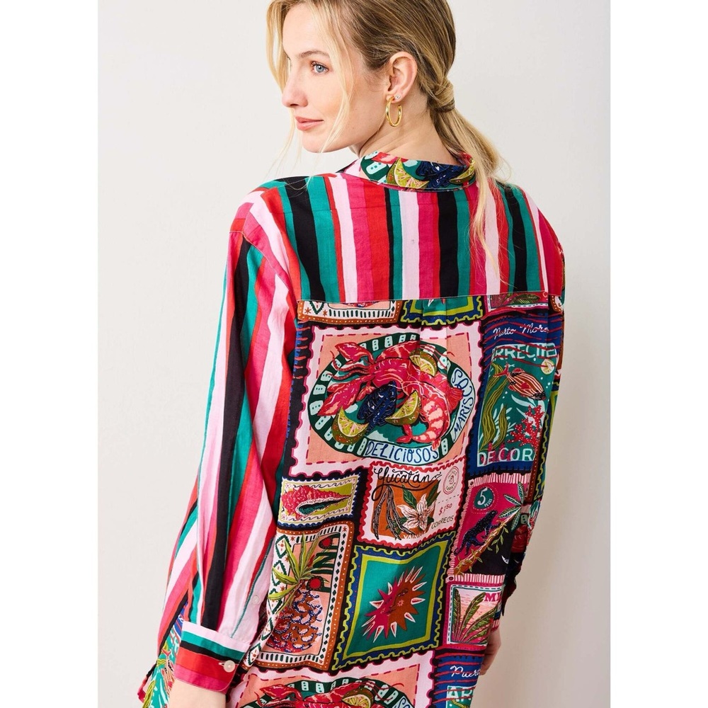 PRINTFRESH Colorful Coast Classic Button Down With Pocket Vibrant Ink Size S/M - Picture 3 of 10